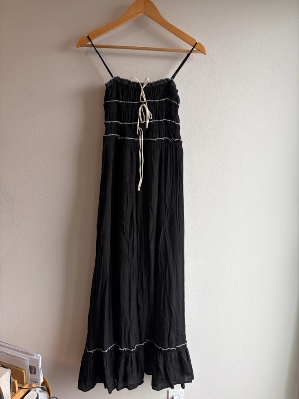 Thirty thirty Black Smocked Maxi Dress with Contrast Tie